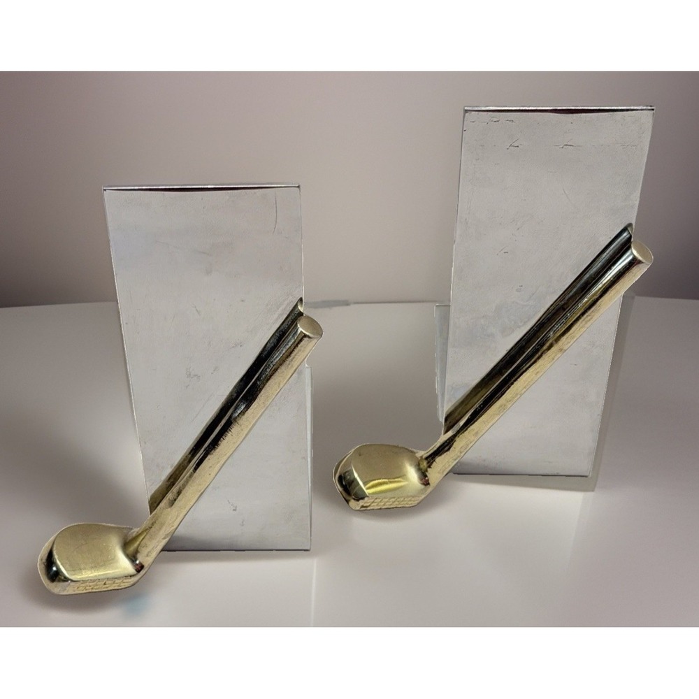VTG MCM Chrome Golf Club Bookends Office Decor Silver Gold Metal Pair Retro Mod